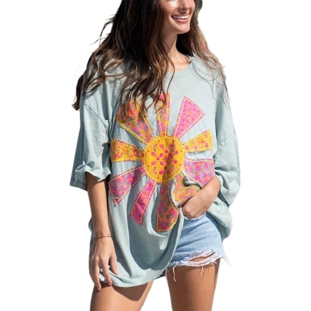 NATURAL LIFE Blue Tee with Pink and Yellow Floral/Sunshine Design